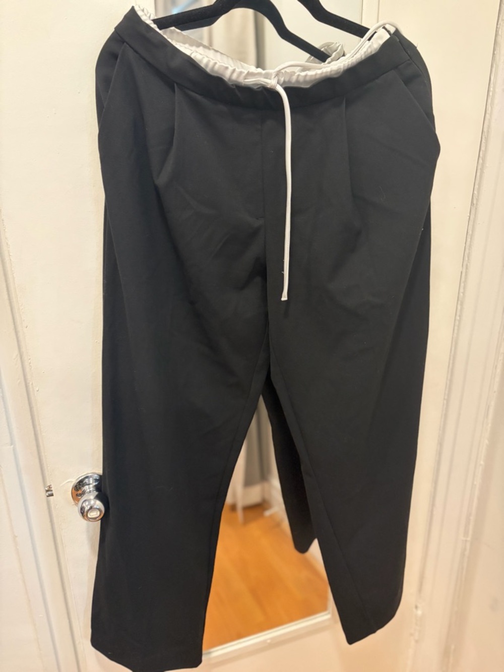 Zara Black Drawstring Tapered Pants with White Waistband